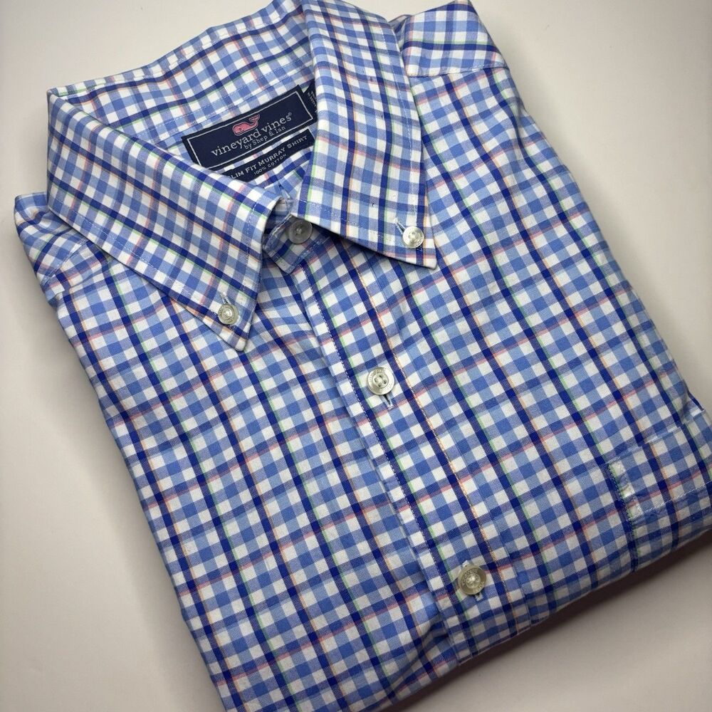 Vineyard Vines Slim Fit Men's Large Blue White Plaid Long Sleeve Murray Shirt - Picture 2 of 8